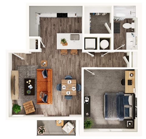 Floor plan for 1 bed, 1 bath, 738 sqft